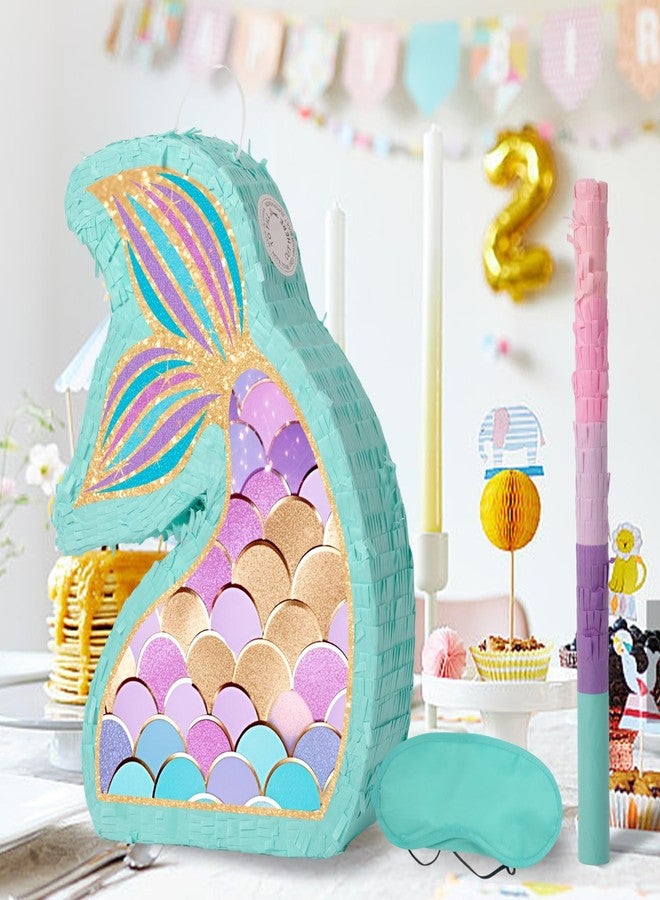 بيناتا ذيل حورية البحر - بيناتا حورية البحر مع عصابة للعينين ومضرب زينة لحفلات أعياد ميلاد البنات والأطفال ذات الطابع البحري (حجم صغير 17 بوصة × 12 بوصة × 3 بوصة) - Image 2